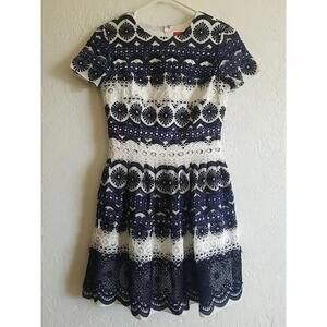 Monique L’huilier Pleated Fit & Flare Midi Dress Blue White